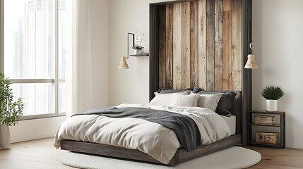Small space bedroom mockup with modular bed, vertical headboard made from reclaimed wood and urban accents in