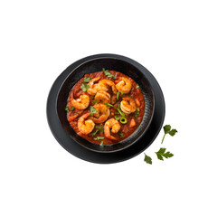Shrimp dish with tomato sauce and fresh parsley in a black bowl on transparent background.