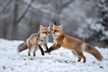 Fototapeta premium Two red foxes playing in snowy winter woods