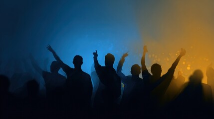 Crowd of Silhouettes Celebrating an Off-Screen Victory With a Vibrant Glowing Background During a Lively Event at Dusk