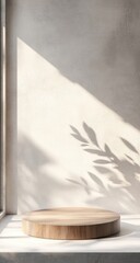 Light-filled, minimalist scene with wooden platform and leaf shadow