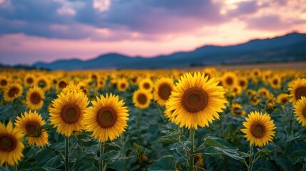 Fototapeta premium ひまわり畑 夕焼け