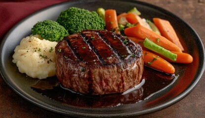 Grilled steak with mashed potatoes and vegetables