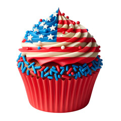 American-themed cupcake with red, white and blue frosting and star pattern, perfect for 4th of July celebration, isolated on white background