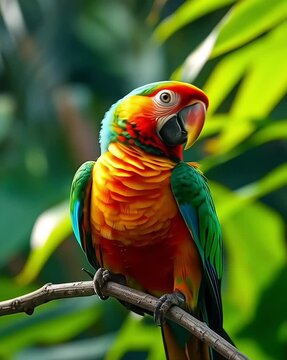 a colorful parrot perched on a branch in a lush tropical garden, soft breeze moving the leaves.