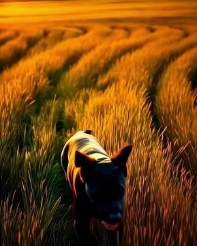 a black Labrador running through a field at sunset, golden hour light creating beautiful shadows, high energy and freedom vibe