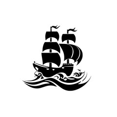 Vintage sailing ship icon on stylized waves, Black silhouette illustration of an old-fashioned sailing ship with large sails and flags, riding stylized ocean waves.

