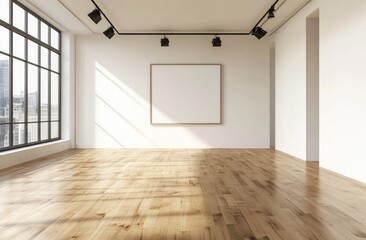 Fototapeta premium Empty white art gallery room with large blank canvas. Sunlight streams in through large windows