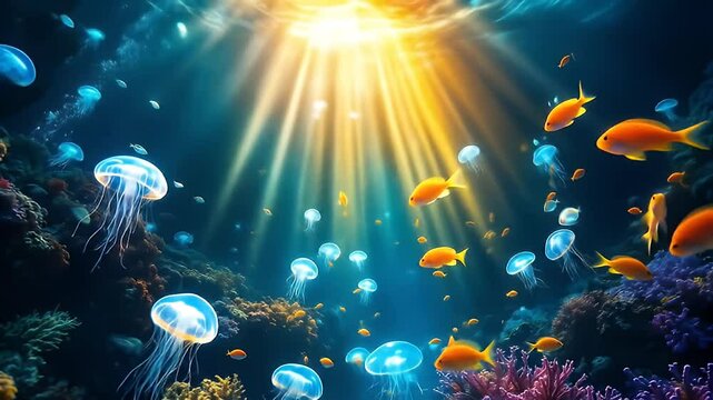 A vibrant underwater coral reef thrives with colorful fish, bathed in natural light from the blue ocean above
Vibrant coral reef in the blue sea with colorful fish under sunlight, illustrating the bea