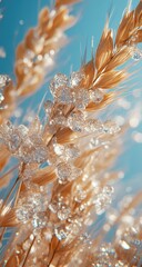 Golden wheat stalks adorned with crystal-like ice or frost against a soft, light blue sky