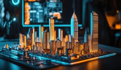 Illuminated city model on a circuit board,  glowing with vibrant colors