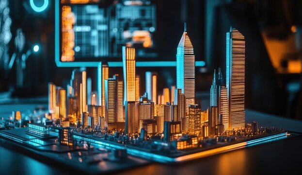 Illuminated city model on a circuit board, glowing with vibrant colors
