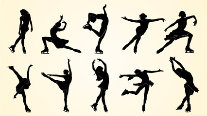 Silhouettes of female figure skaters performing various elegant poses and moves on ice, showcasing balance, flexibility, and artistry in motion.