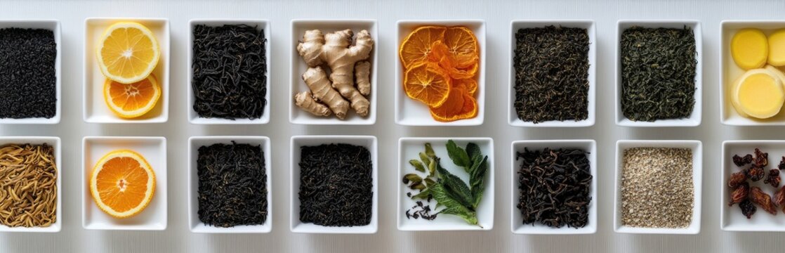 Assorted loose leaf teas and spices in small white dishes - Powered by Adobe