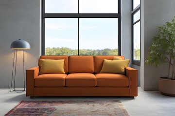 Obraz premium 3D rendering.Front view sofa and plant in a living room on colour background.