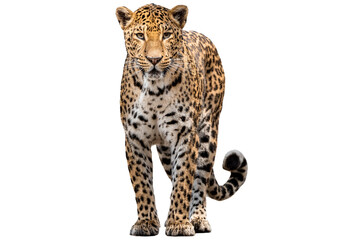 Obraz premium Spotted leopard standing in front and facing at the camera isolated on transparent or white background