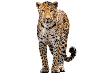 Spotted leopard standing in front and facing at the camera isolated on transparent or white background