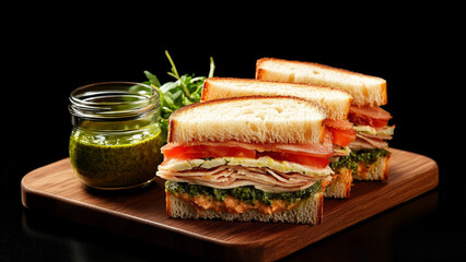 A food porn creamy club sandwich with pesto and Wurstel and salad on the table in a chopping board. with sauces. The background is black. The food photography