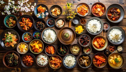 Chuseok family meal with rice cakes and fruits