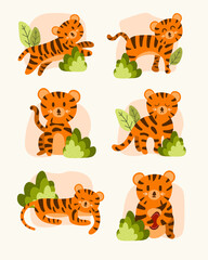 Cute tiger collection cartoon illustration vector elements with flat handrawn style