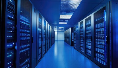 Server room hallway at night, lined with metal cabinets filled with computer equipment
