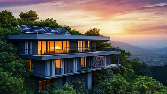 Luxury eco house with sunset view in mountains
