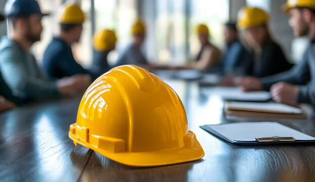 Construction workers meeting yellow hard hat