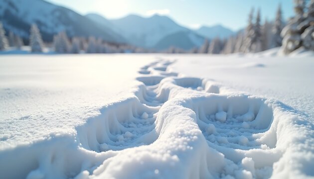 Close-up of deep footprints in fresh snow with snowy mountain background