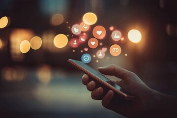 Hand holding a smartphone at night, social media icons floating around
