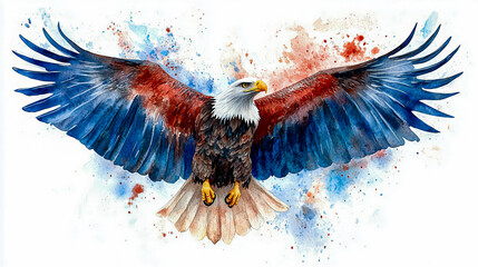 Watercolor painting of an american bald eagle with red, white, and blue wings
