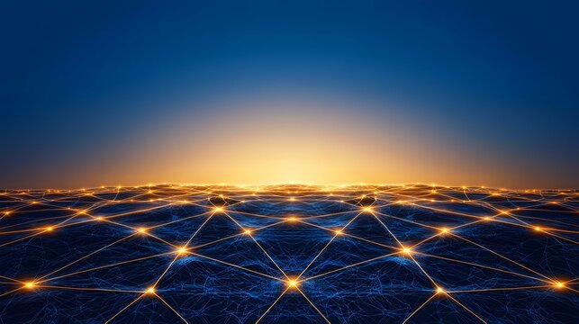 A digital rendering depicts a network of glowing orange lines connecting bright nodes across a dark blue, undulating surface, all set against a vibrant sunset sky.
