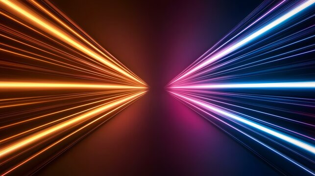 The image contains abstract glowing lines of orange and blue light converging at a central point against a dark background.