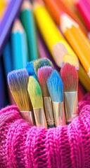 Fototapeta premium Colorful paintbrushes in a pink knitted holder, surrounded by art supplies