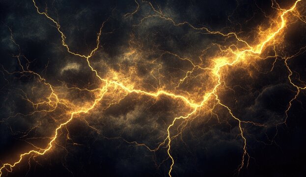 Powerful golden lightning streaks through dark, stormy clouds