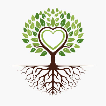 A tree with a heart in its trunk and roots below, representing love for nature and eco connection.