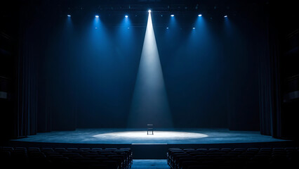 Empty Theater Stage with Single Spotlight on an Isolated Chair for Dramatic Presentation