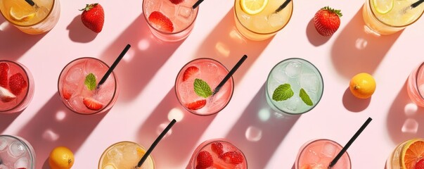 Colorful summer drinks in glasses, featuring various fruits and ice
