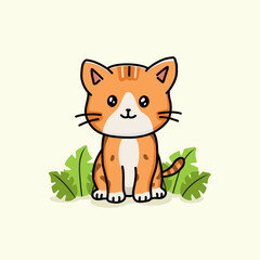 Hand drawn cute cat sit pose in background with plant