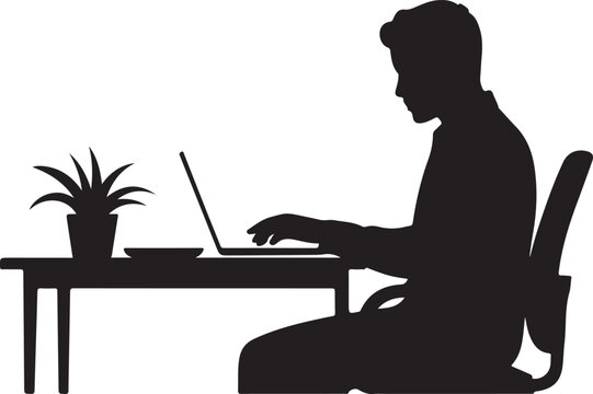 silhouette of man working at desk on laptop in home office setup representing focus productivity and remote job lifestyle