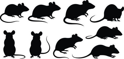 Mouse silhouette vector illustration, rat clipart set, rodent animal icon, pest black shape, cartoon mouse design, wildlife symbol graphic