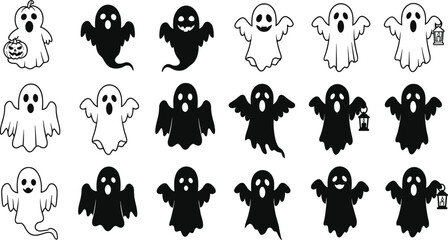 Cute ghost icon vector collection, Halloween spooky spirit clipart, cartoon horror graphic, trick or treat design, scary silhouette set