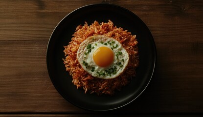 Spicy fried rice topped with sunny-side-up egg on dark plate, wood table