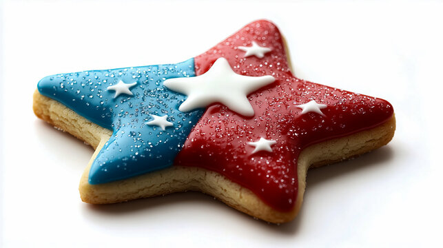Star-shaped cookie decorated with red, white, and blue icing for 4th of july
