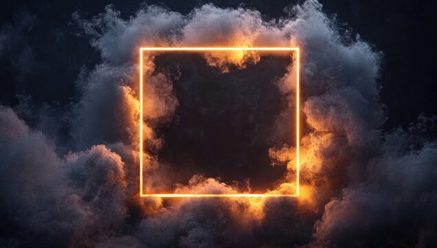 Empty square frame, glowing orange, smoky clouds - Powered by Adobe