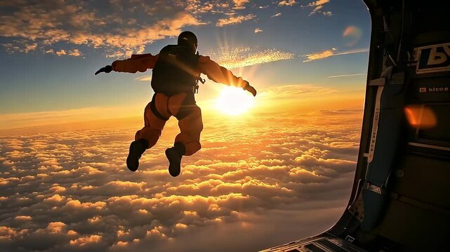 Silhouette Of Skydiver Jumping From Plane Against Sunset Sky With Golden Sunlight And Clouds