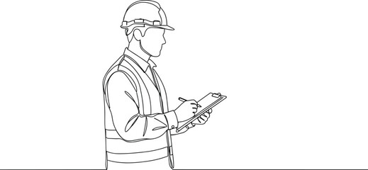 Construction worker writing on clipboard, line art drawing, safety helmet, vest, job checklist, inspection task, engineering control, industry sketch for building site management illustration.