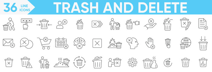 Trash and Delete Line icon set.delete button, trash, Erase, garbage, clear, waste, cancel, undo, throw,  remove and more.Vector and illustrator set.