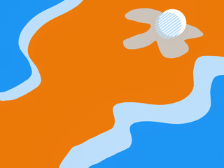 Abstract landscape with wavy shapes, gradient green field, and stylized sun on blue sky. Minimalist summer background in flat design for nature, travel, and creative projects.