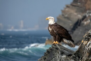 Majestic bald eagle perched on coastal rocks