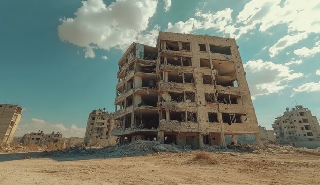 Ruined apartment building, bombed, rubble, desert landscape